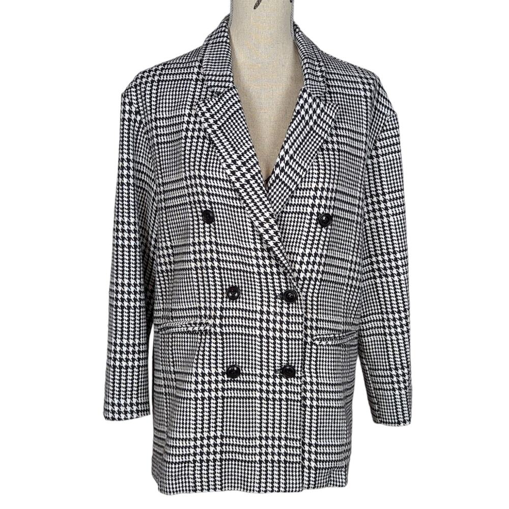 Princess Polly Double Breasted Houndstooth Plaid Blazer Black and White Size 8